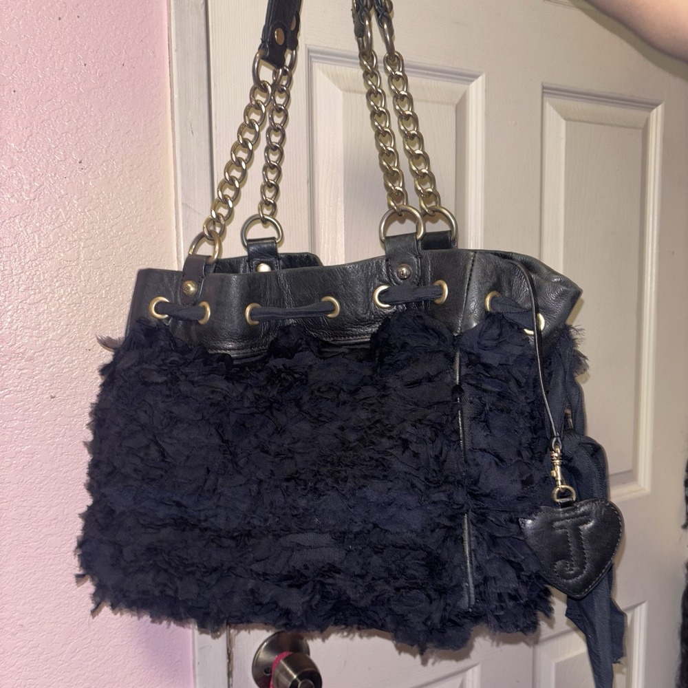Vtg Juicy Couture Black Ruffle Silk Handbag Leather Shoulder Bag Y2K McBling